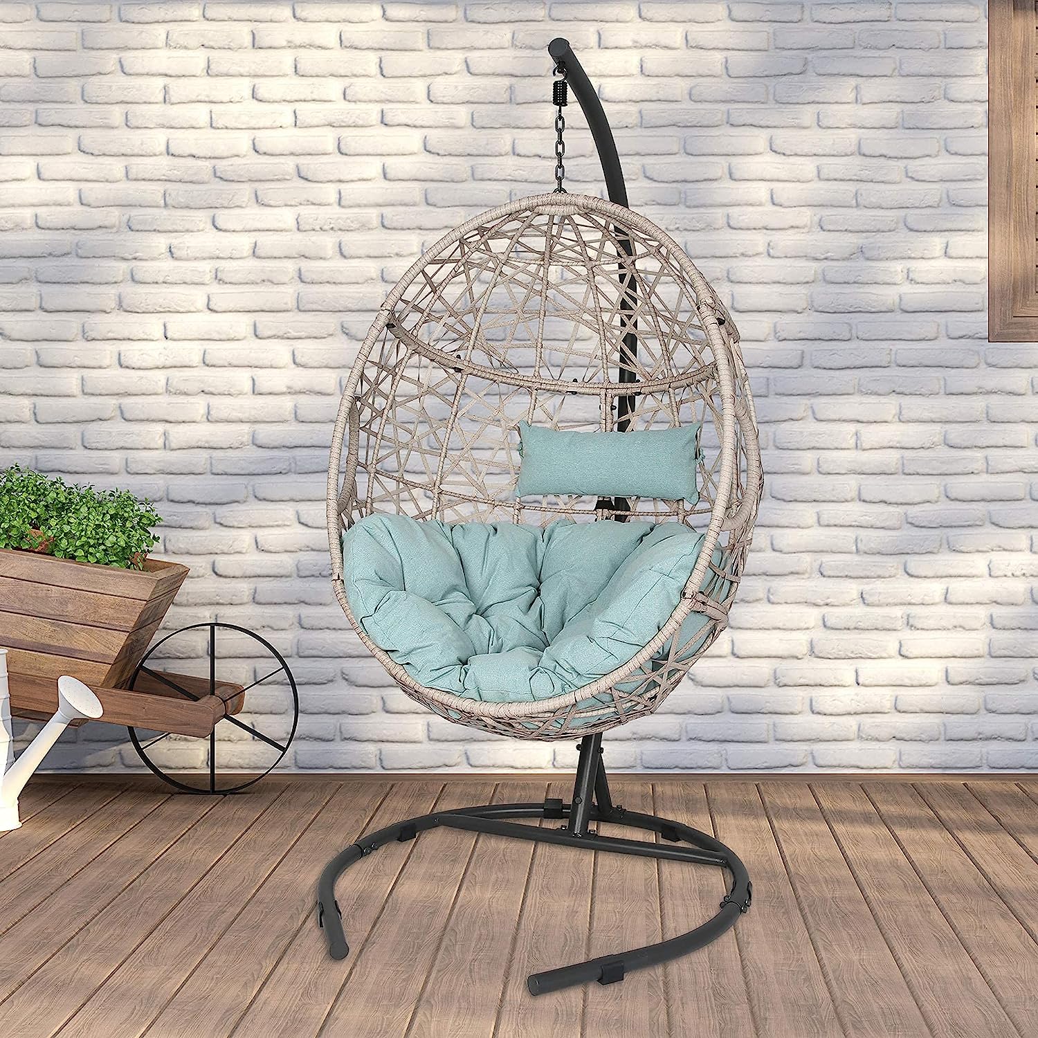 Iwicker Outdoor Rattan Egg Hanging Swing Chair with Cushions and Stand (Beige)