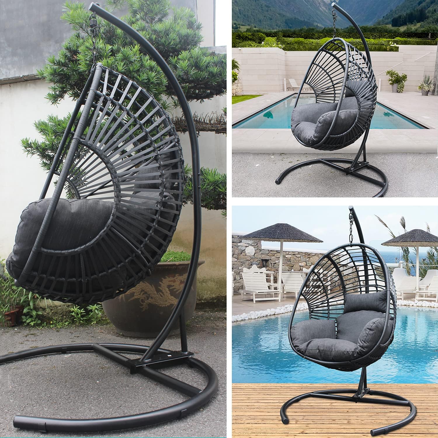 JOYBASE Hanging Egg Chair with Stand, Outdoor Wicker Rattan Egg Swing Chair with Stand and Cushion for Indoor Outdoor Bedroom Patio Garden (Grey/Black)