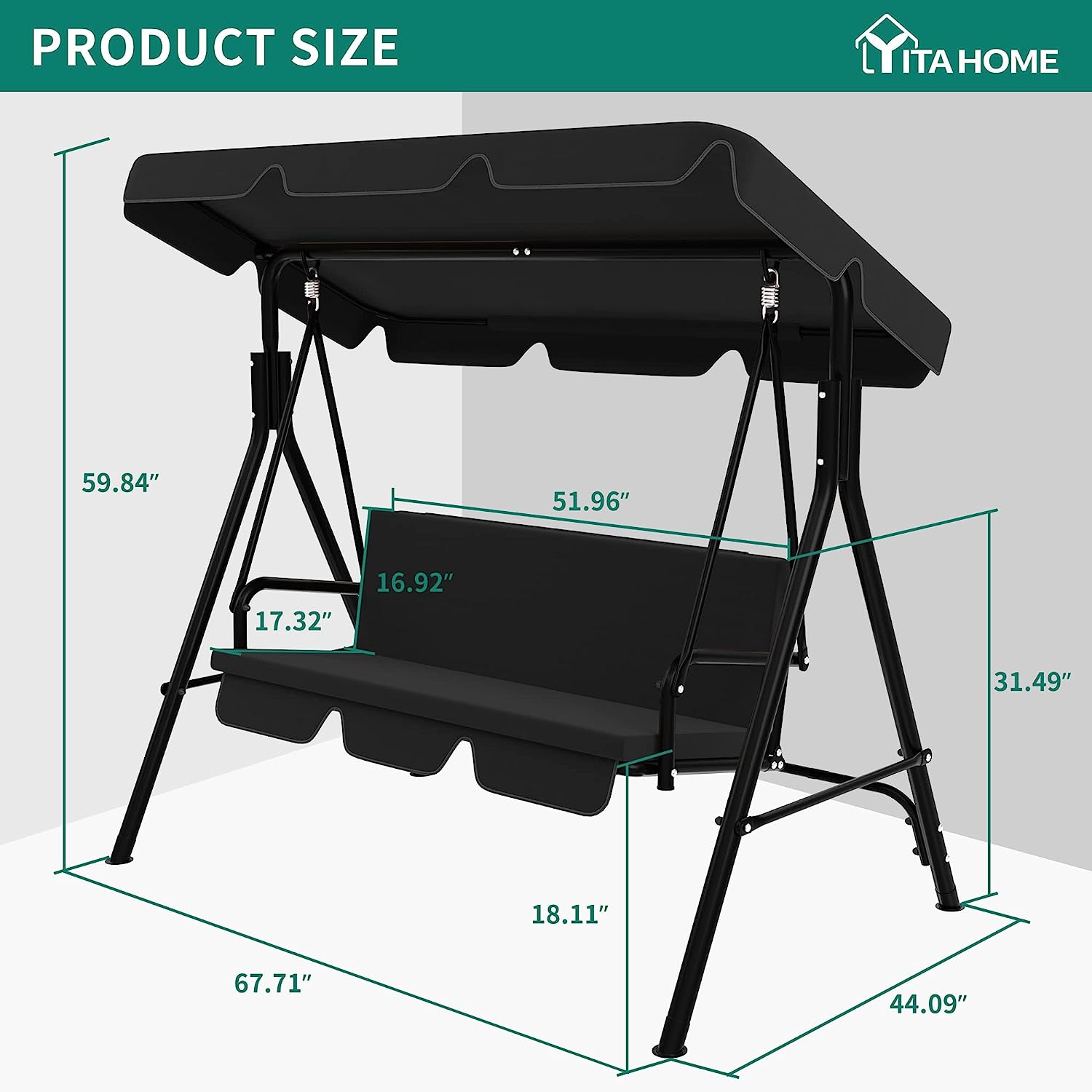 YITAHOME 3-Seat Porch Swing Outdoor Heavy Duty Patio Swing Chair with Stand Adjustable Canopy Soft Cushion for Garden, Patio, Lawn, Balcony and Deck, Black