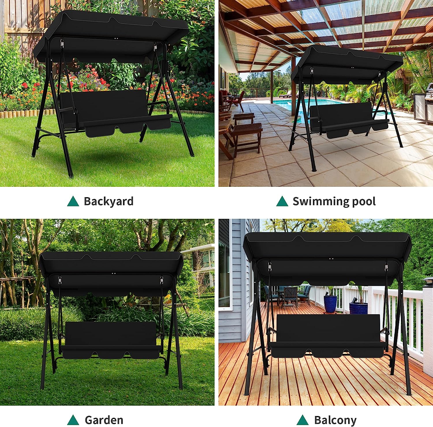 YITAHOME 3-Seat Porch Swing Outdoor Heavy Duty Patio Swing Chair with Stand Adjustable Canopy Soft Cushion for Garden, Patio, Lawn, Balcony and Deck, Black