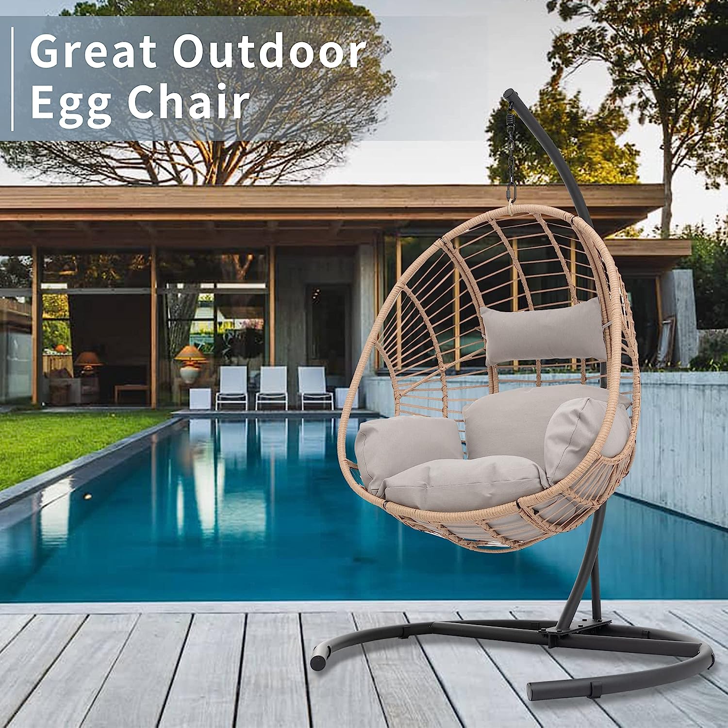 Olela Wicker Egg Swing Chair with Stand Indoor Outdoor,Hanging Egg Chair with Cushion and Pillow,Basket Chair for Bedroom,Living Room or Patio Garden (Natural-Round Base)
