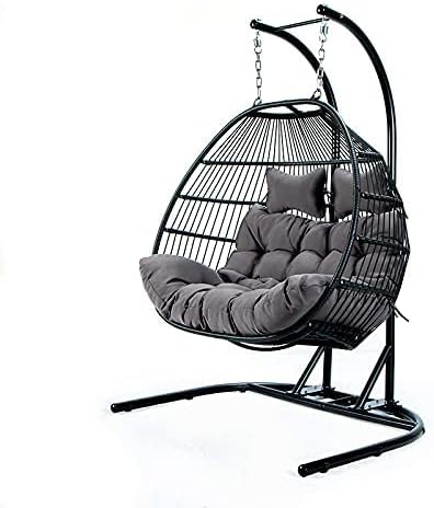 Hanging Egg Chair with Stand, 2 Person Heavy Duty Hanging Wicker Rattan Swing Chair Basket Hammock Nest Chair Seat for Indoor Outdoor Patio Lounger Swinging Loveseat (Beige)