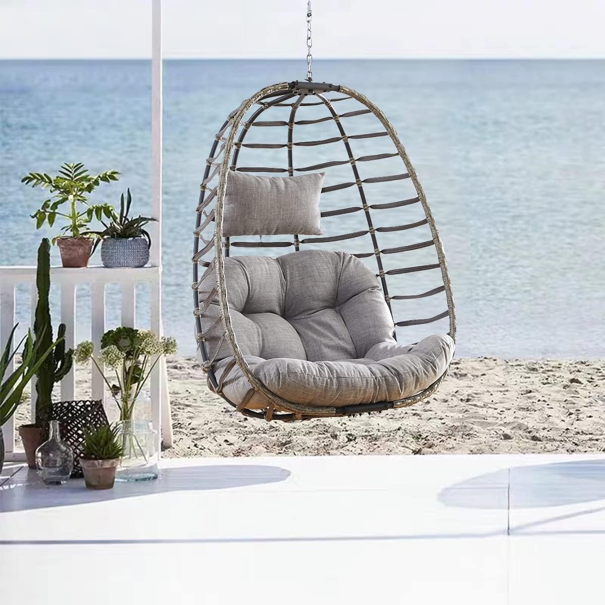 Rilyson Hanging Egg Chair Without Stand - Outdoor Egg Swing Chair with Resistant Cushion Wicker Rattan Swinging Egg Chair for Patio Garden Balcony(Grey/Blue)