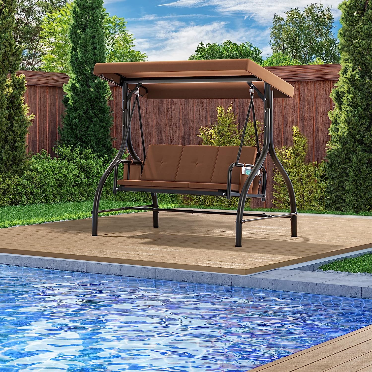 YITAHOME Porch Swing Bed 3-Seats Outdoor Patio Swing Heavy Duty Swing Chair with Adjustable Canopy Removable Cushion, Suitable for Adult in Garden, Poolside, Balcony, Brown