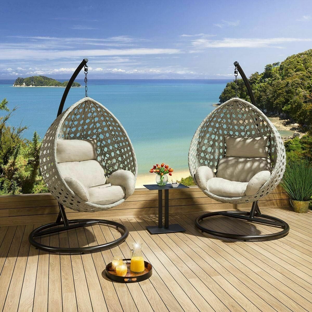 Luxury Extra Large Outdoor Hanging Pod Chairs Grey Rope Table - Bed Bath & Beyond