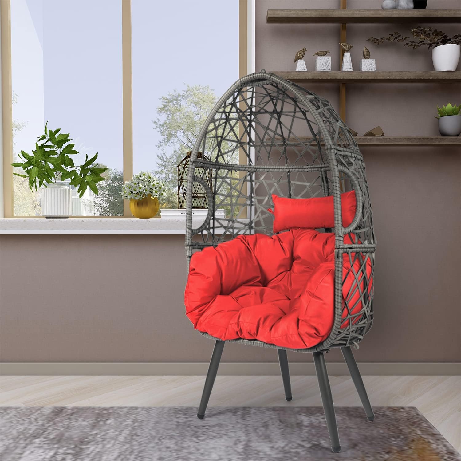 LAZZO Swing Egg Chair, Rattan Hanging Chair, Indoor & Outdoor Hammock Chair with Seat Cushion & Pillow for Patio Porch Lounge Bedroom