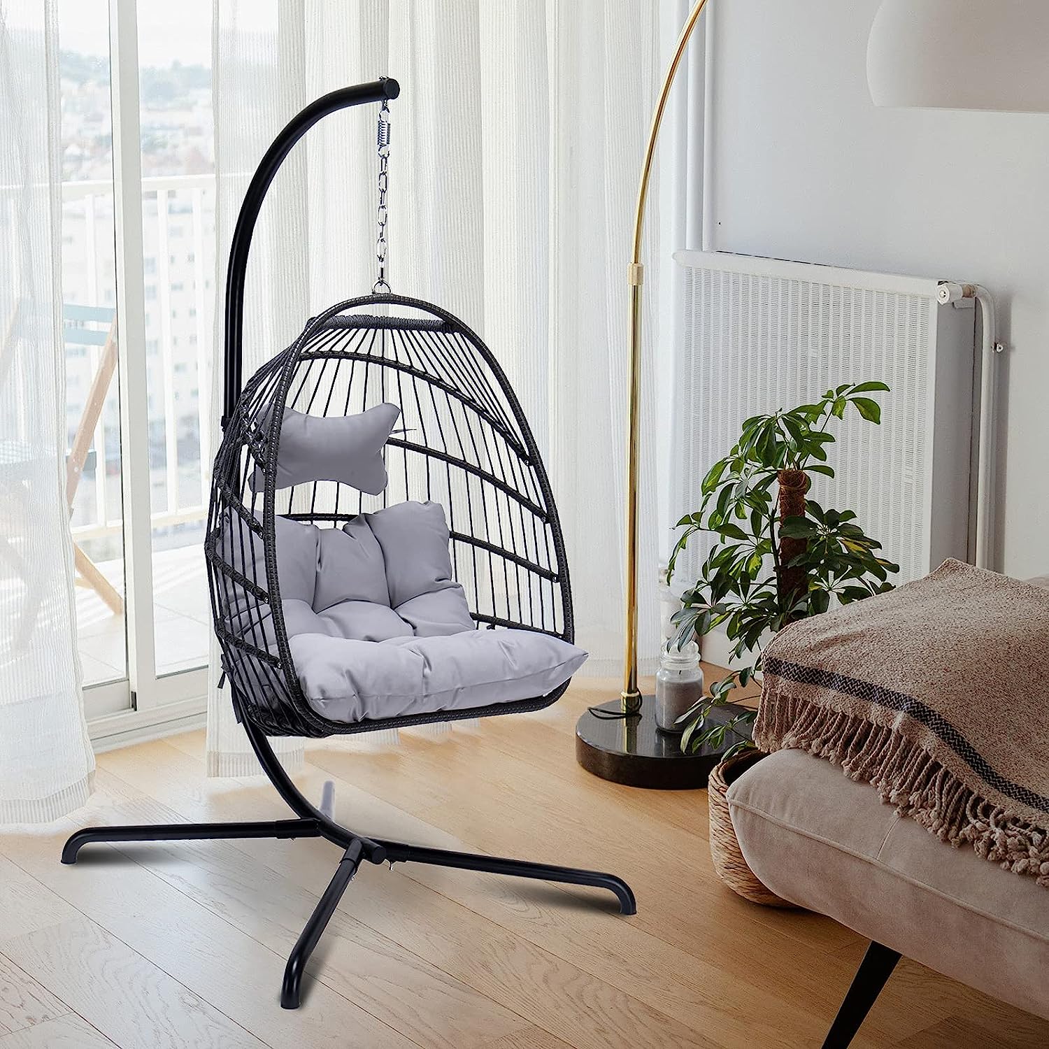 Swing Egg Chair Without Stand Indoor Outdoor Wicker Rattan Patio Basket Hanging Chair with UV Resistant Cushions 265lbs Capaticy for Bedroom Balcony Patio (Without Stand)