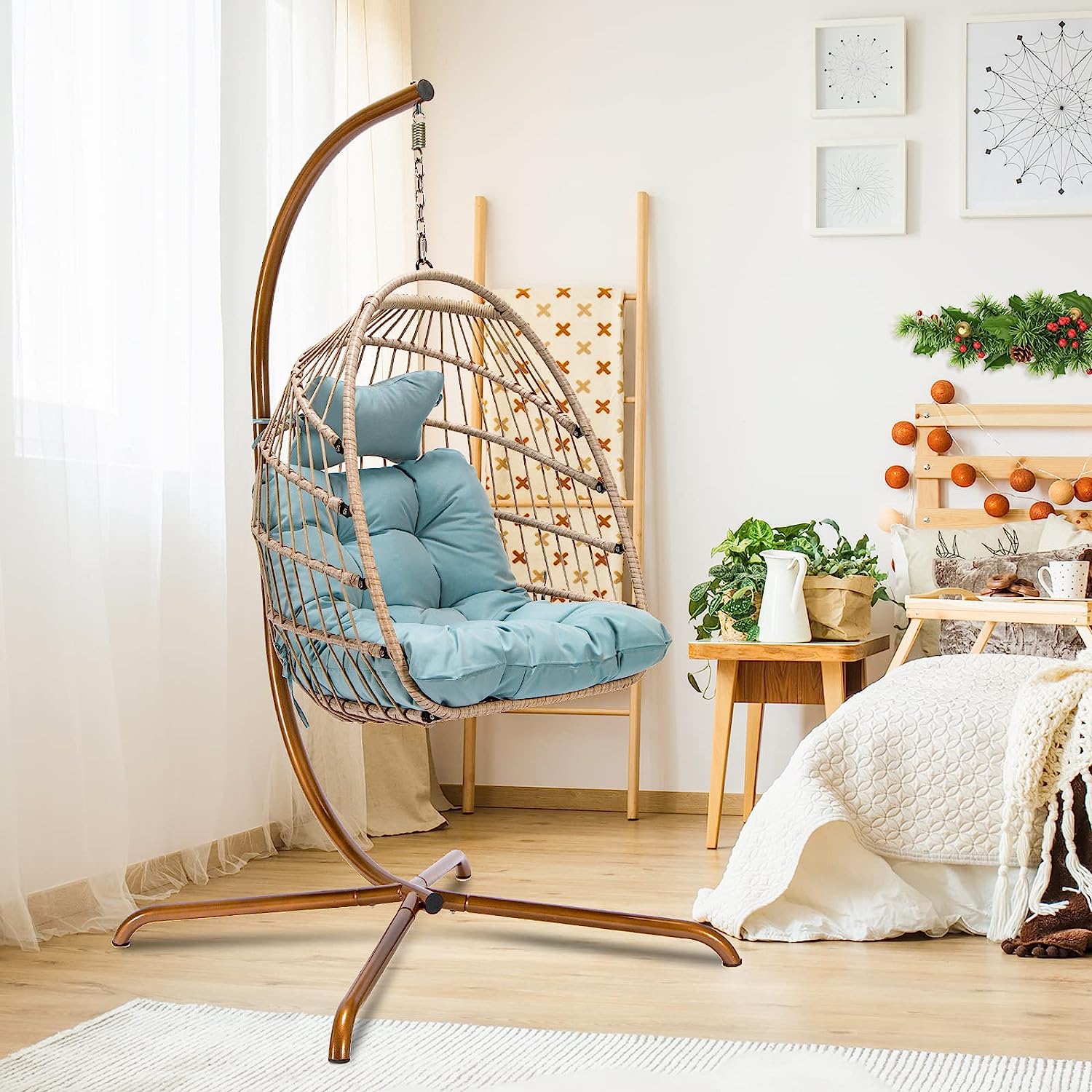 Swing Egg Chair with Stand Indoor Outdoor Wicker Rattan Patio Basket Hanging Chair with UV Resistant Cushions 350lbs Capaticy for Bedroom Balcony Patio (Cream)