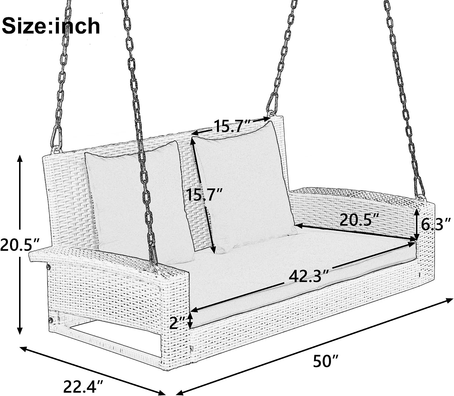 Patio 51.9” 2-Person Swing Chair,Outdoor Rattan Woven Hanging Seat with Adjustable Rope and Cushion,for Porch Lawn Garden Backyard Balconies (Black&b)