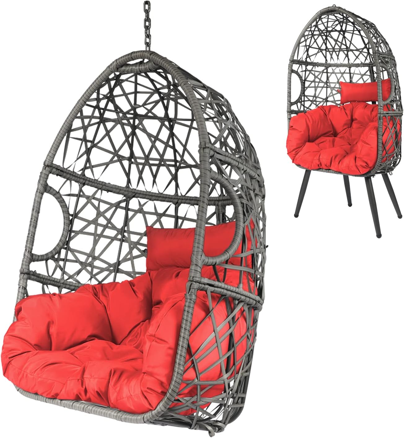 LAZZO Swing Egg Chair, Rattan Hanging Chair, Indoor & Outdoor Hammock Chair with Seat Cushion & Pillow for Patio Porch Lounge Bedroom