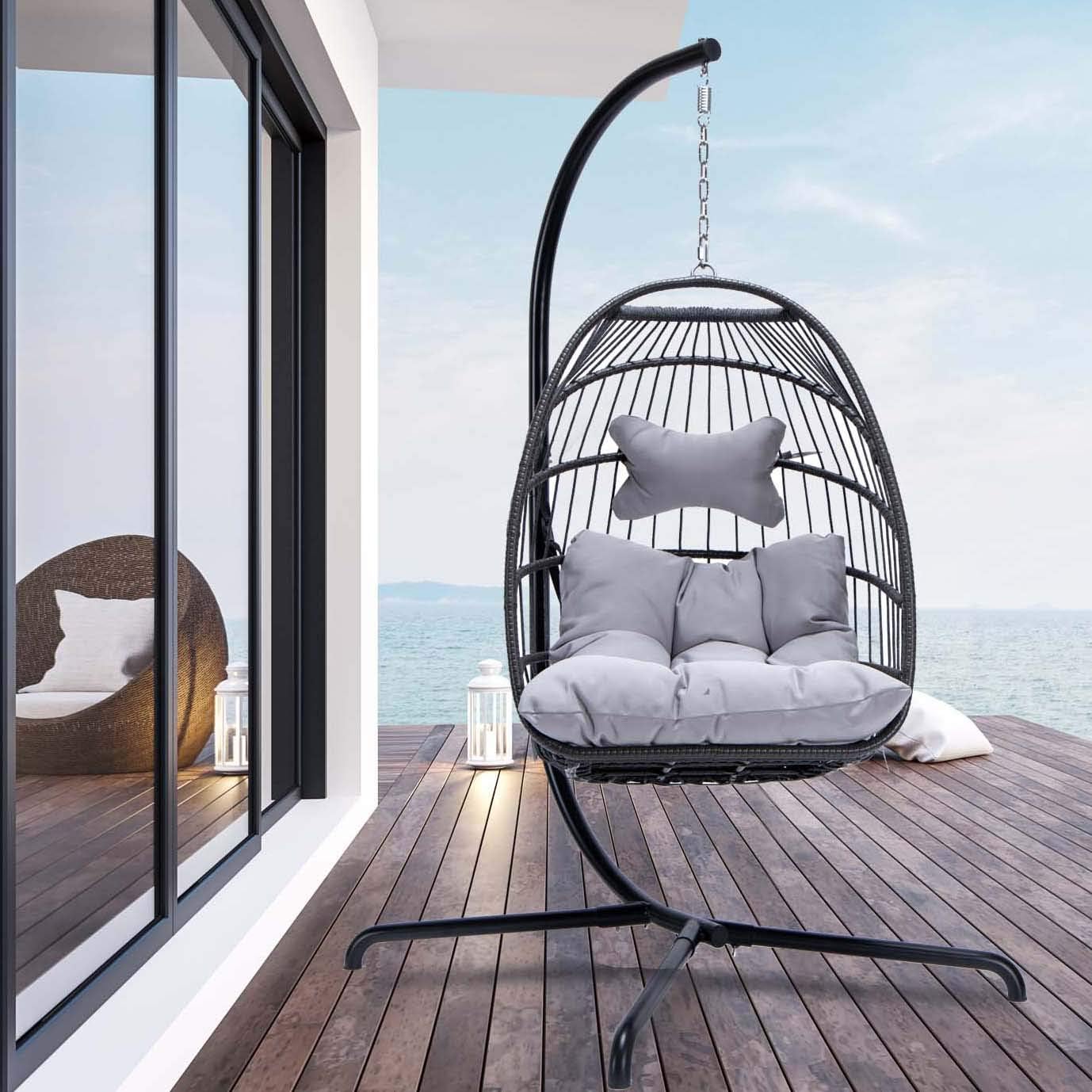 Indoor Outdoor Patio Wicker Hanging Chair Swing Egg Basket Chairs with Stand UV Resistant Cushions 350lbs Capaticy for Patio Backyard Balcony Xmas Gift