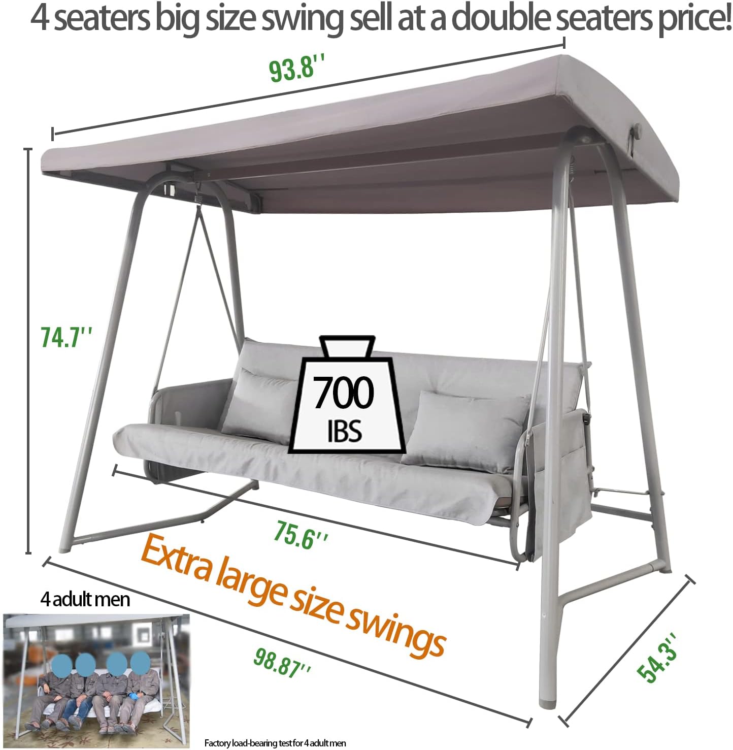 3-Seater Outdoor Convertible Canopy Swing Chair Bench Bed with Comfortable Cushion Seats for Patio Porch Garden