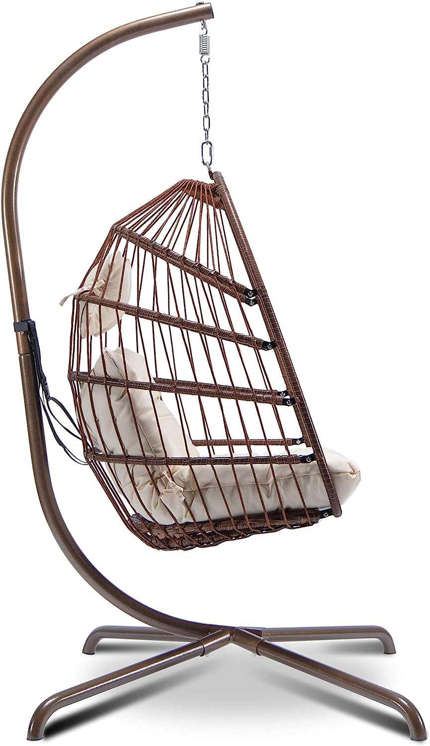 Hanging Chair with Stand Hanging Basket Chair Indoor Outdoor Brown Rattan Wicker Chair Swing with Beige Cushion Swing Chair Hanging Egg Hammock for Patio Yard Living Room Bed Room (Brown)