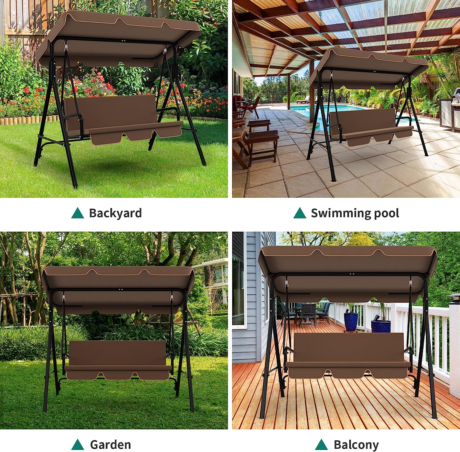 YITAHOME 3-Seat Porch Swing Outdoor Heavy Duty Patio Swing Chair with Stand Adjustable Canopy Soft Cushion for Garden, Patio, Lawn, Balcony and Deck, Black