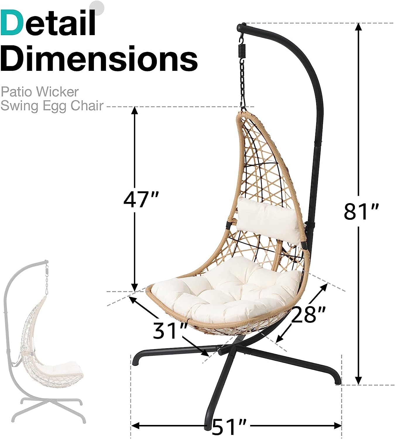 SUNSITT Swing Egg Chair Outdoor Indoor Wicker Hammock Hanging Chair Patio Lounge Chair with Stand and Cushions for Balcony, Deck, Bedroom, Grey Wicker