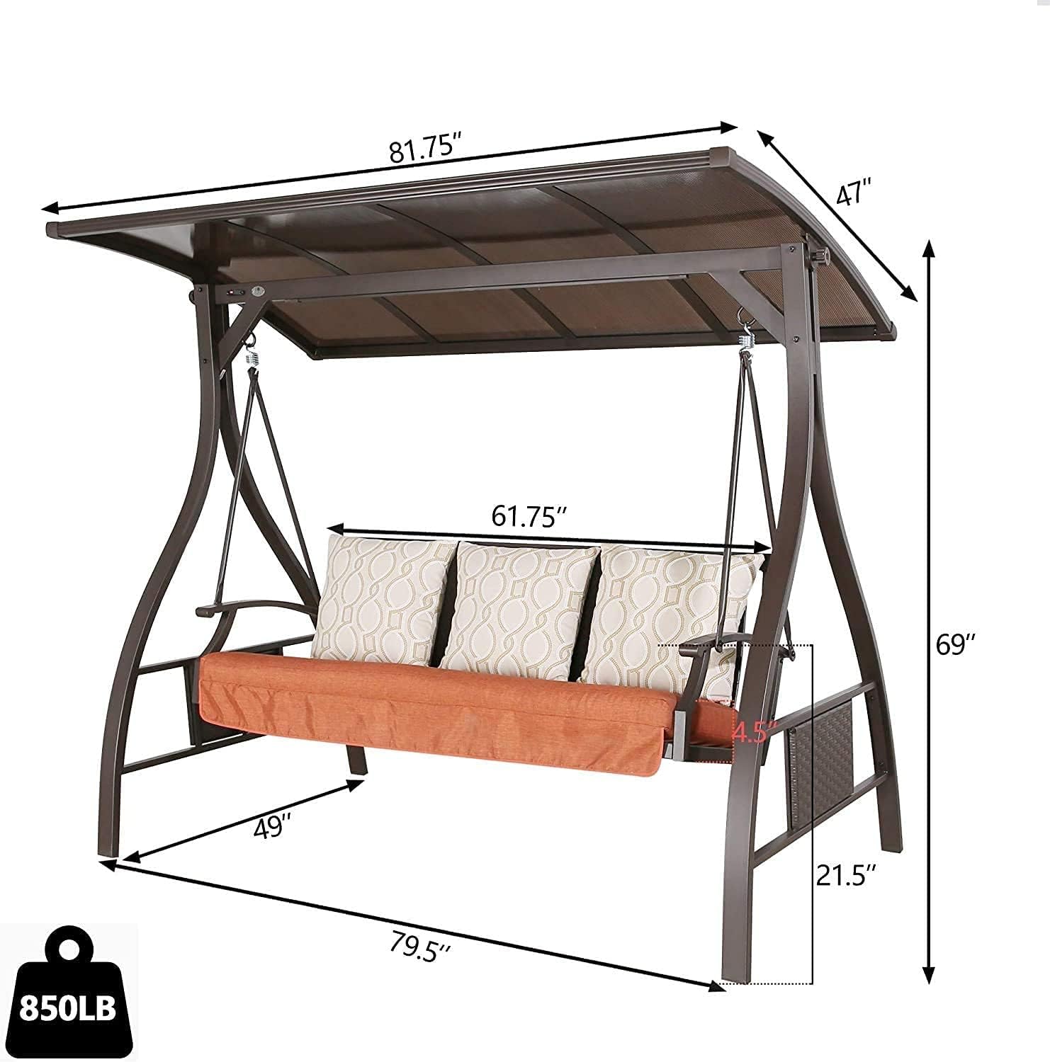 Ulax Furniture 3-Seat Outdoor Patio Swing Chair, Porch Swing Glider Chair with Convertible Canopy, Solar LED Light and Sunbrella Pillows for Poolside, Garden, Balcony, Backyard