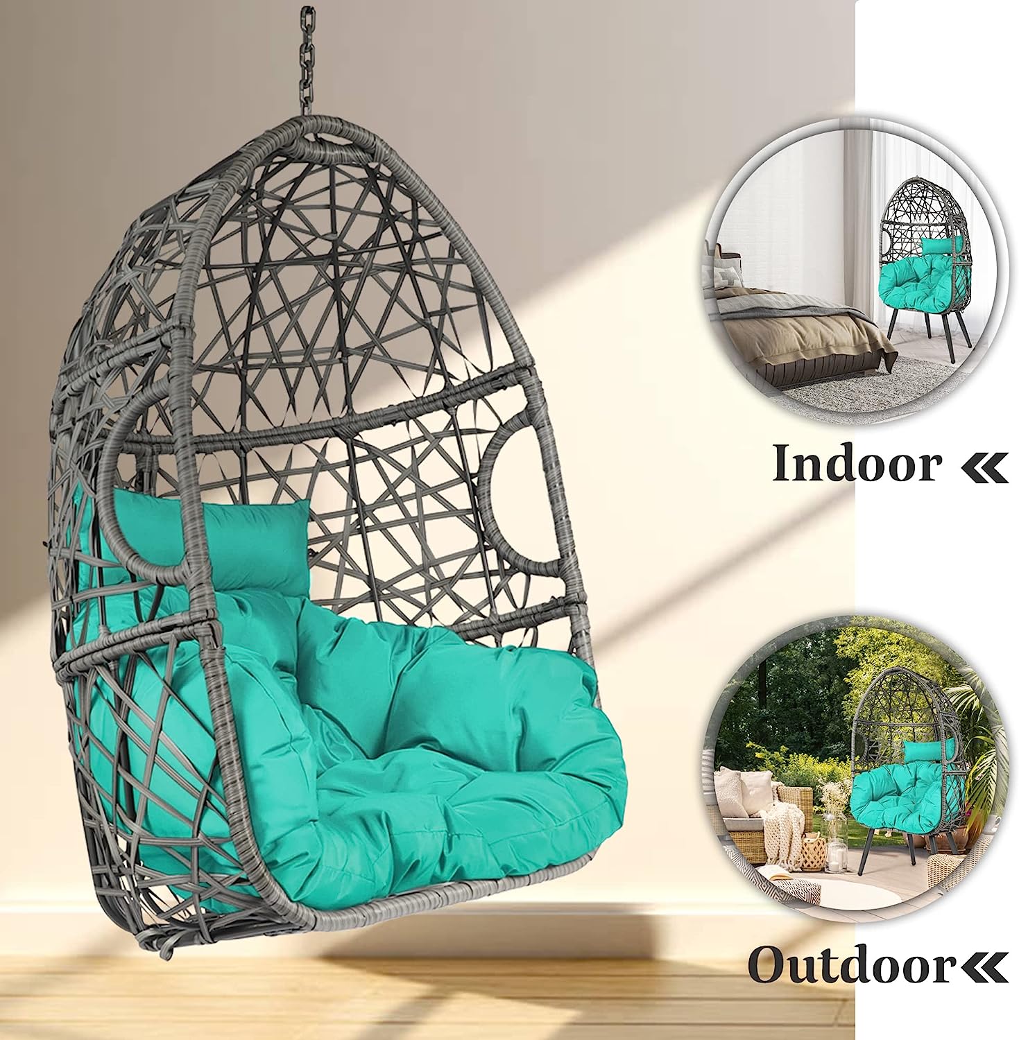 HOPUBUY Hammock Chair Egg Chair with Stand, Hanging Chair with Cushion and Pillow, Rattan Egg Swing Chair for Outdoor Indoor Bedroom, Porch, Balcony, Tree (C-Stand not Included)
