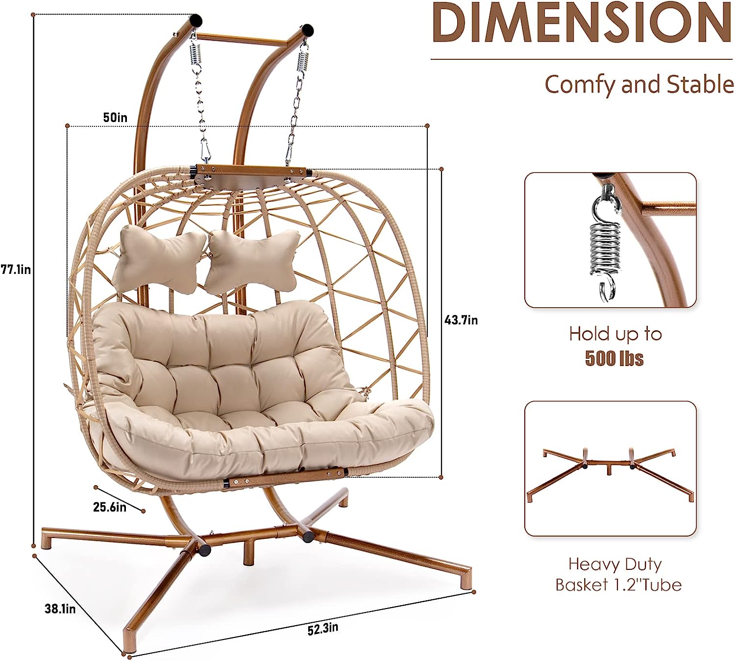 RADIATA Double Egg Chair with Stand Luxury Outdoor Patio Wicker Loveseat Hanging Swing Egg Chairs with Resistant Cushions Metal Frame 500 lbs Capaticy for 2 Persons Patio Backyard Balcony