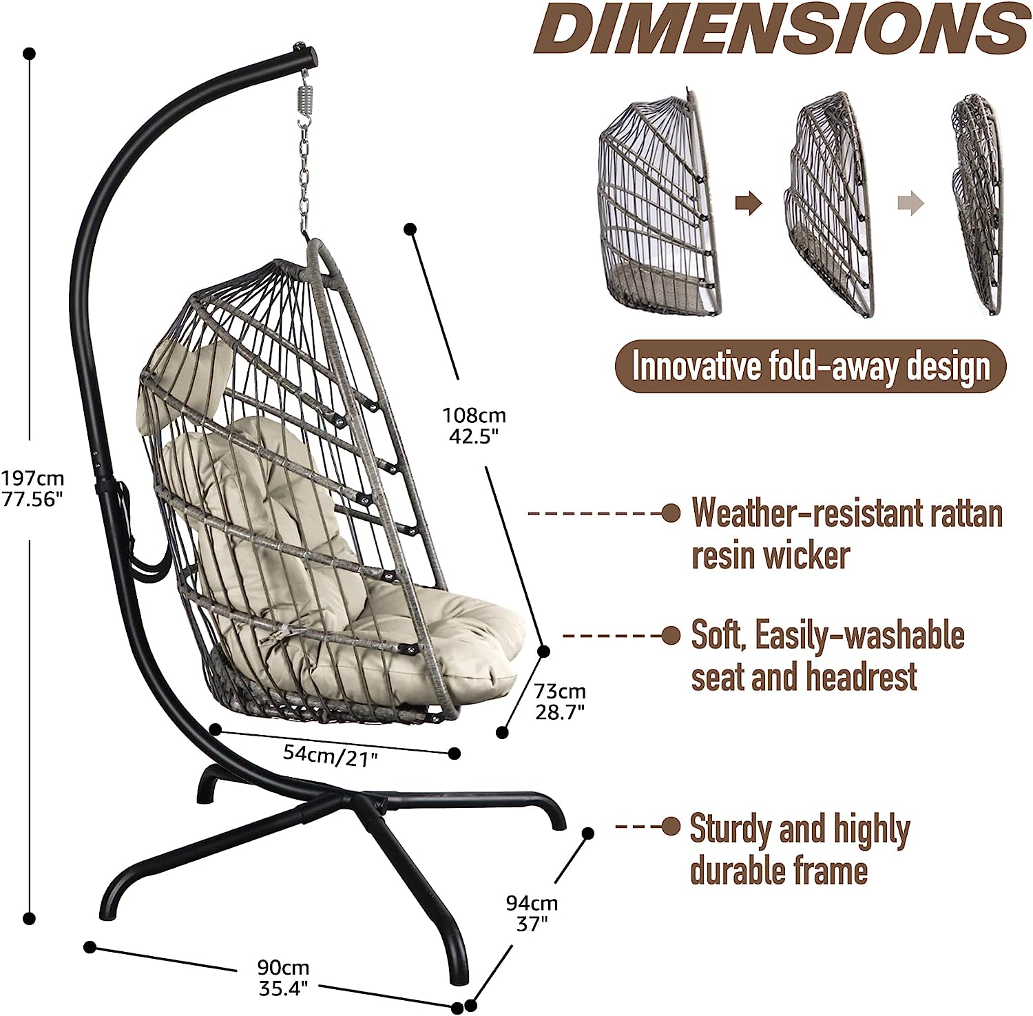 Chihee Egg Chair Foldable Wicker Rattan Hanging Chair Swing Chair Indoor Outdoor Patio Wicker Chair Hammock Chair with Stainless Steel Hanging Kit Chain Link UV Resistant Cushion Bedroom Balcony