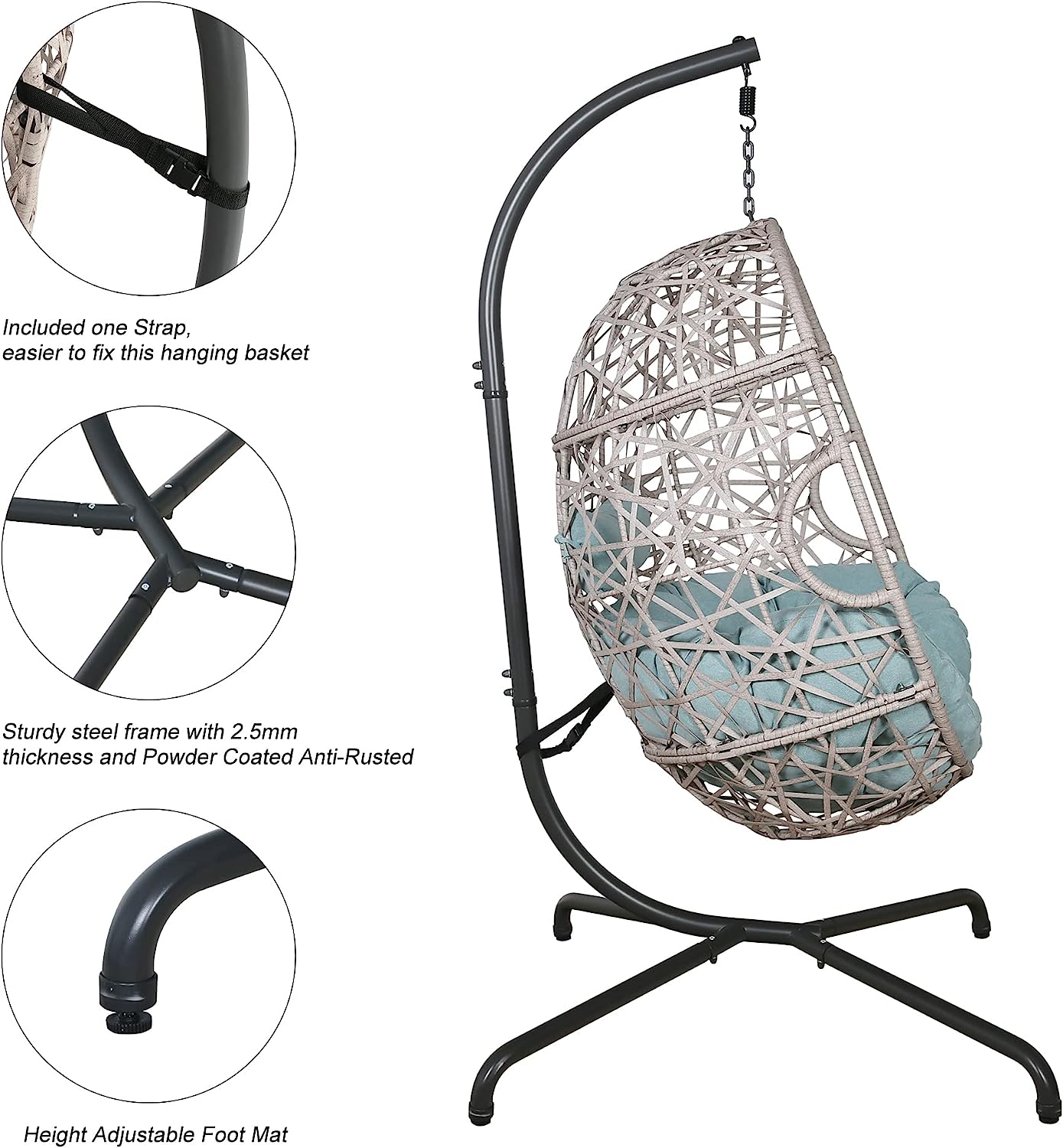 Iwicker Outdoor Rattan Egg Hanging Swing Chair with Cushions and Stand (Beige)