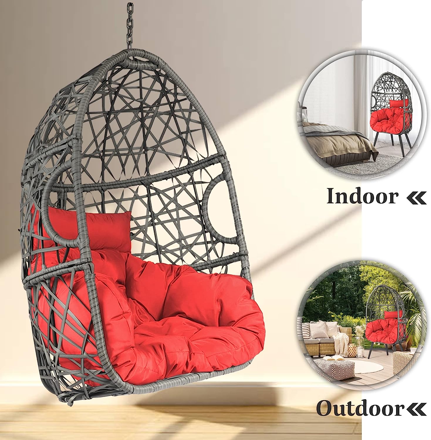 HOPUBUY Hammock Chair Egg Chair with Stand, Hanging Chair with Cushion and Pillow, Rattan Egg Swing Chair for Outdoor Indoor Bedroom, Porch, Balcony, Tree (C-Stand not Included)