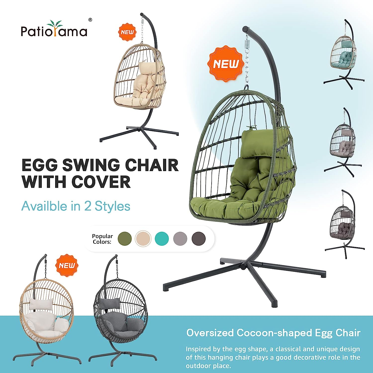 Patiorama Indoor Outdoor Egg Swing Chair with Stand, Patio Grey Wicker Rattan Hanging Chair with Rope Back, Cushion,Cover,All Weather Foldable Hammock Chair for Bedroom, Garden (Light Grey)