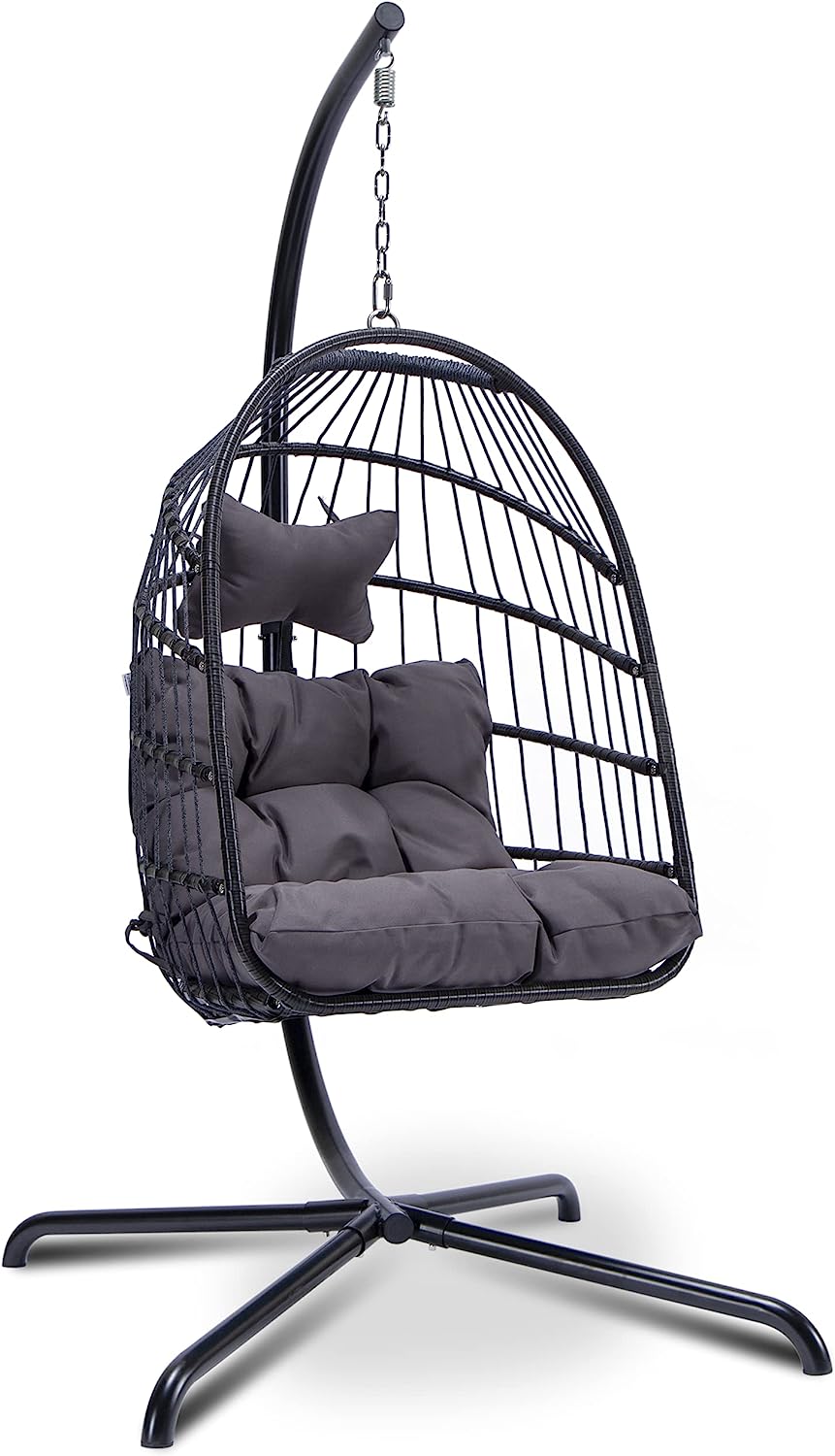 Hanging Chair with Stand Hanging Basket Chair Indoor Outdoor Brown Rattan Wicker Chair Swing with Beige Cushion Swing Chair Hanging Egg Hammock for Patio Yard Living Room Bed Room (Brown)