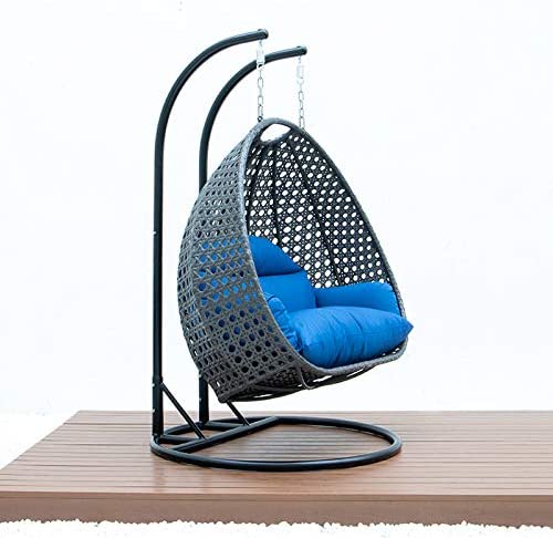 LeisureMod 2 Person Hanging Double Swing Chair, X-Large Wicker Rattan Egg Chair with Stand and Cushion for Indoor Outdoor Patio Garden (Light Green)