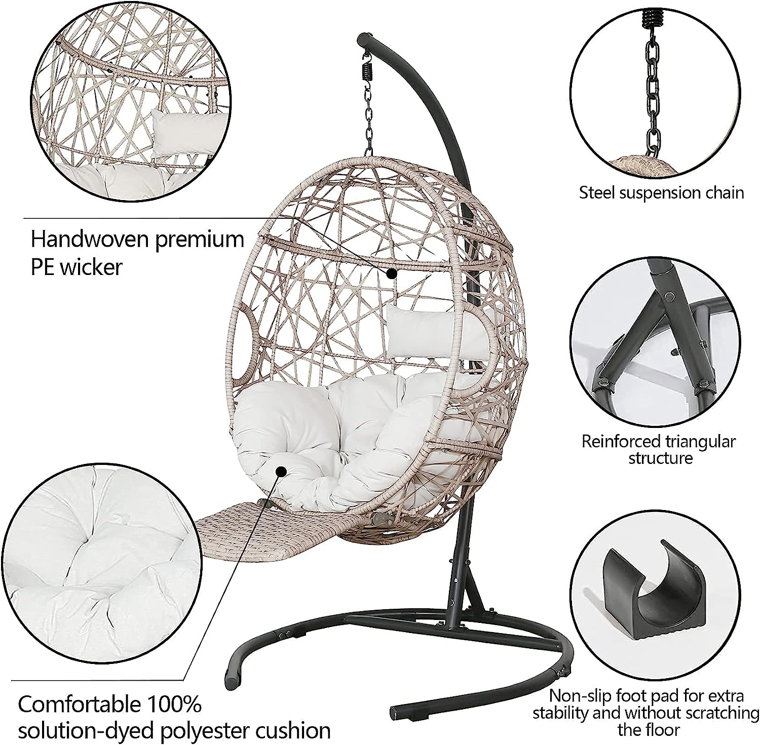 Ulax Furniture Egg Chair, Outdoor Indoor Patio Wicker Hanging Basket Swing Chair, Tear Drop Egg Chair with Cushion, Stand and Adjustable Footrest (Beige)