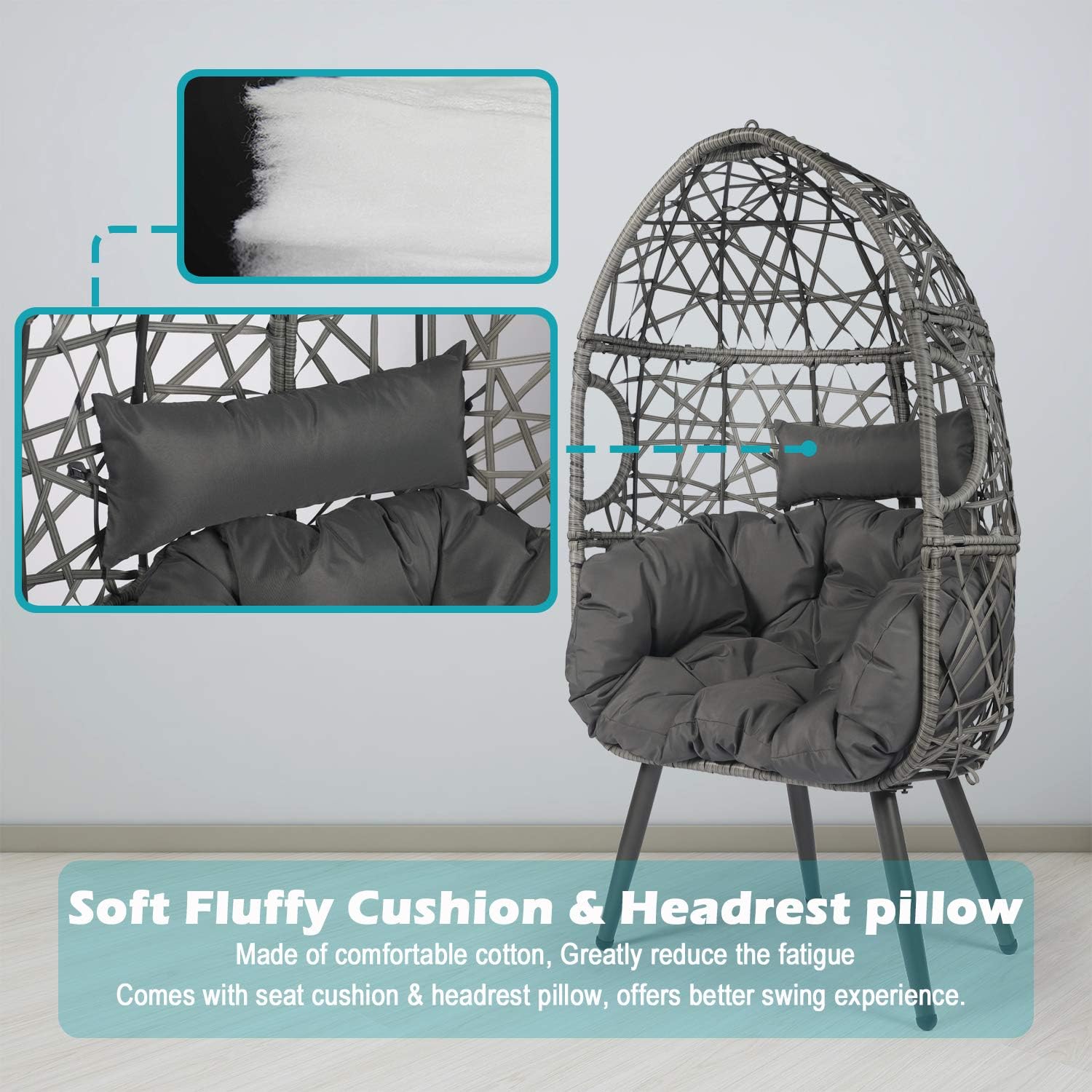 LAZZO Swing Egg Chair, Rattan Hanging Chair, Indoor & Outdoor Hammock Chair with Seat Cushion & Pillow for Patio Porch Lounge Bedroom