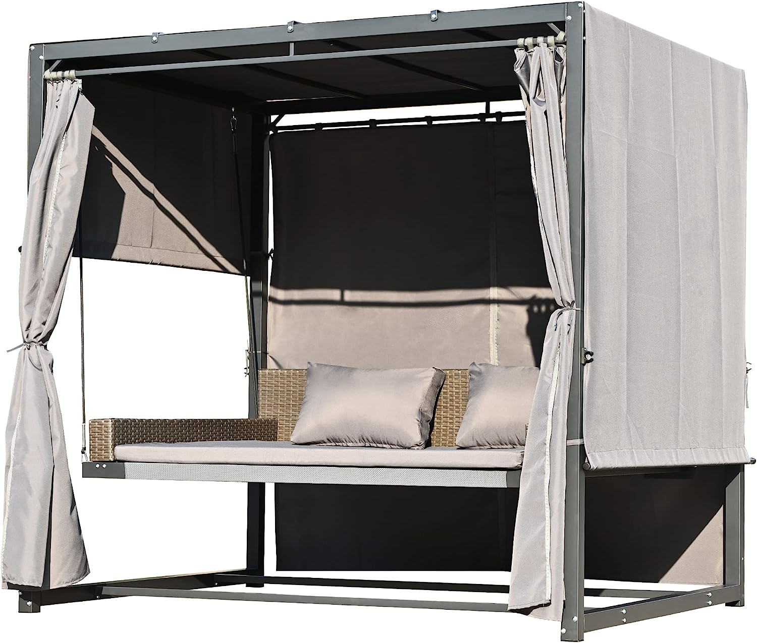 Patio 51.9” 2-Person Swing Chair,Outdoor Rattan Woven Hanging Seat with Adjustable Rope and Cushion,for Porch Lawn Garden Backyard Balconies (Black&b)