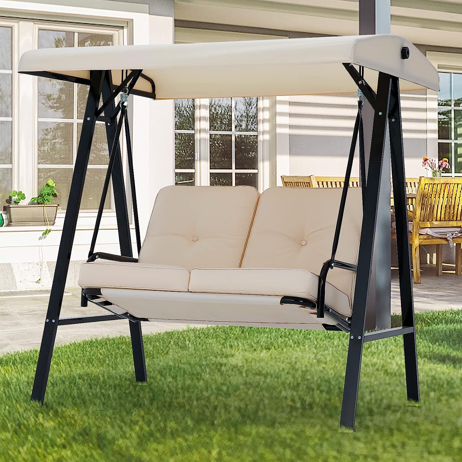 AECOJOY 3-Seat Outdoor Porch Swing with Adjustable Backrest and Canopy, Patio Swing w/Removable Cushions Outdoor Swing Bed for Porch, Backyard, Poolside, Beige