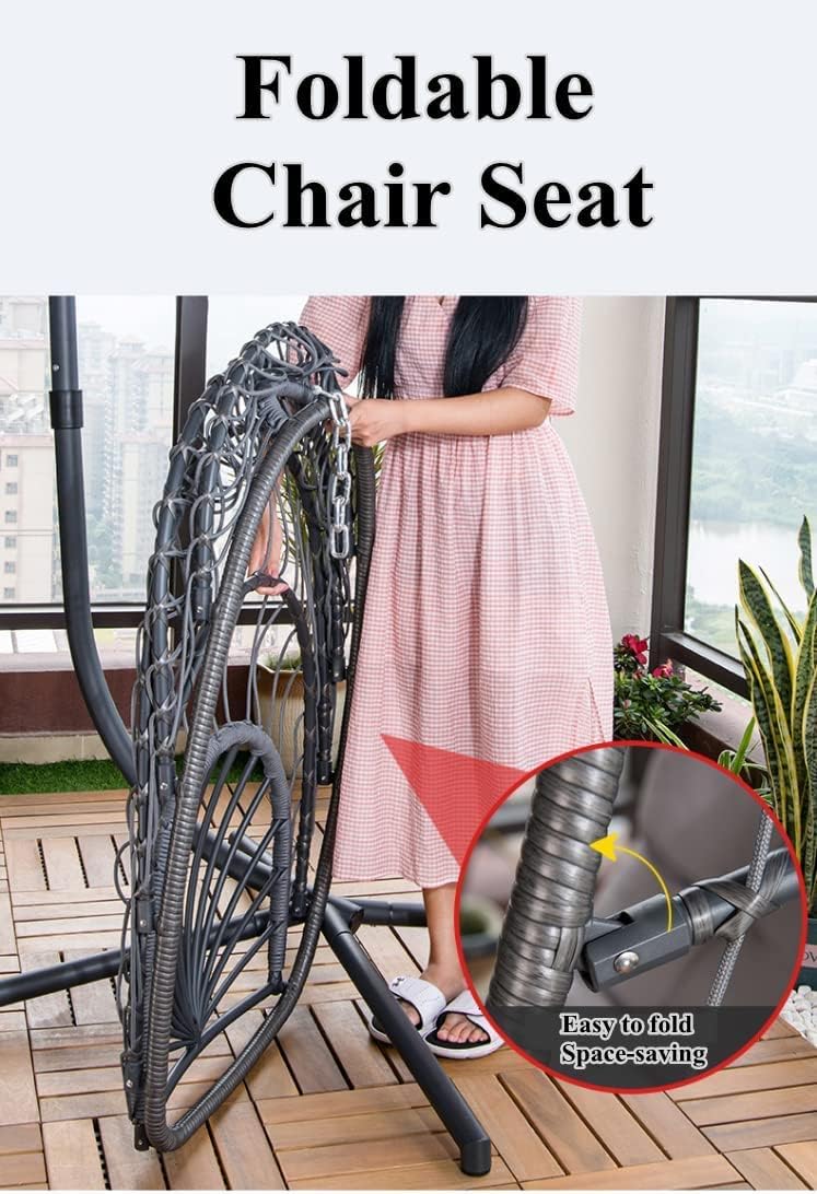 Mojia Patio Wicker Hanging Egg Swing Chair with Stand, Hammock Egg Chairs Foldable UV Resistant Cushions 440lbs Capaticy (Gray)