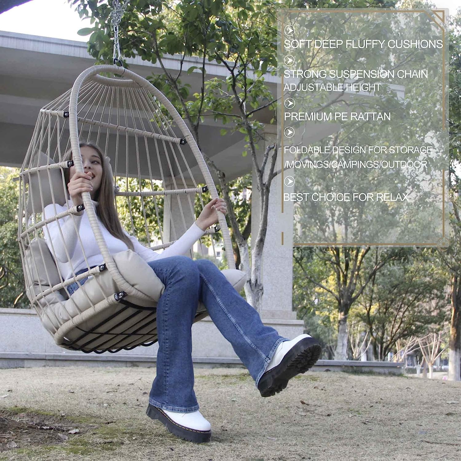 Indoor Outdoor Patio Wicker Hanging Chair Swing Egg Basket Chairs with Stand UV Resistant Cushions 350lbs Capaticy for Patio Backyard Balcony Xmas Gift