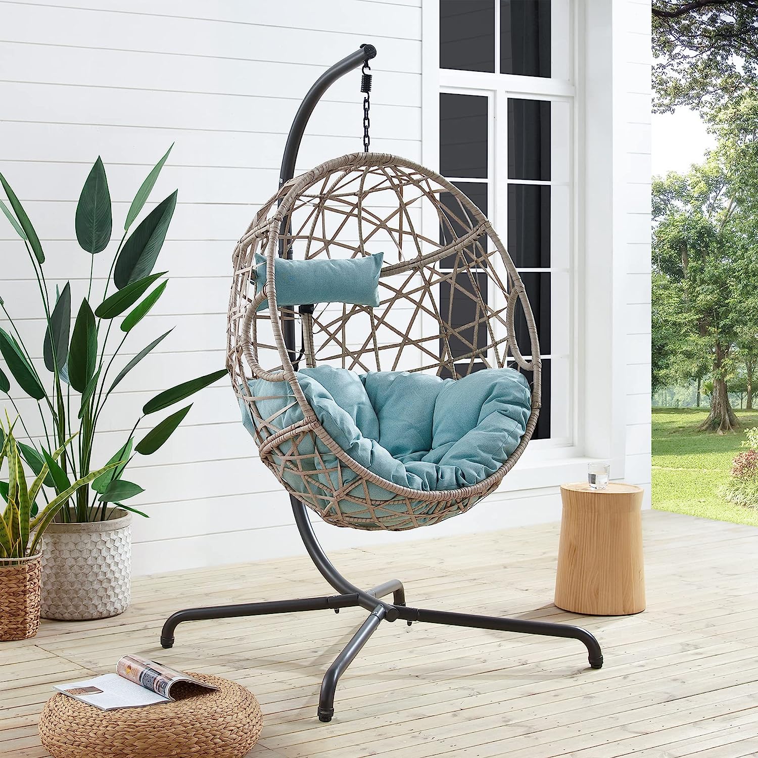 Ulax Furniture Egg Chair, Hanging Swing Chair with Stand, Hanging Lounge Chair, Outdoor Patio Wicker Tear Drop Hammock Chair with Cushion (Navy)