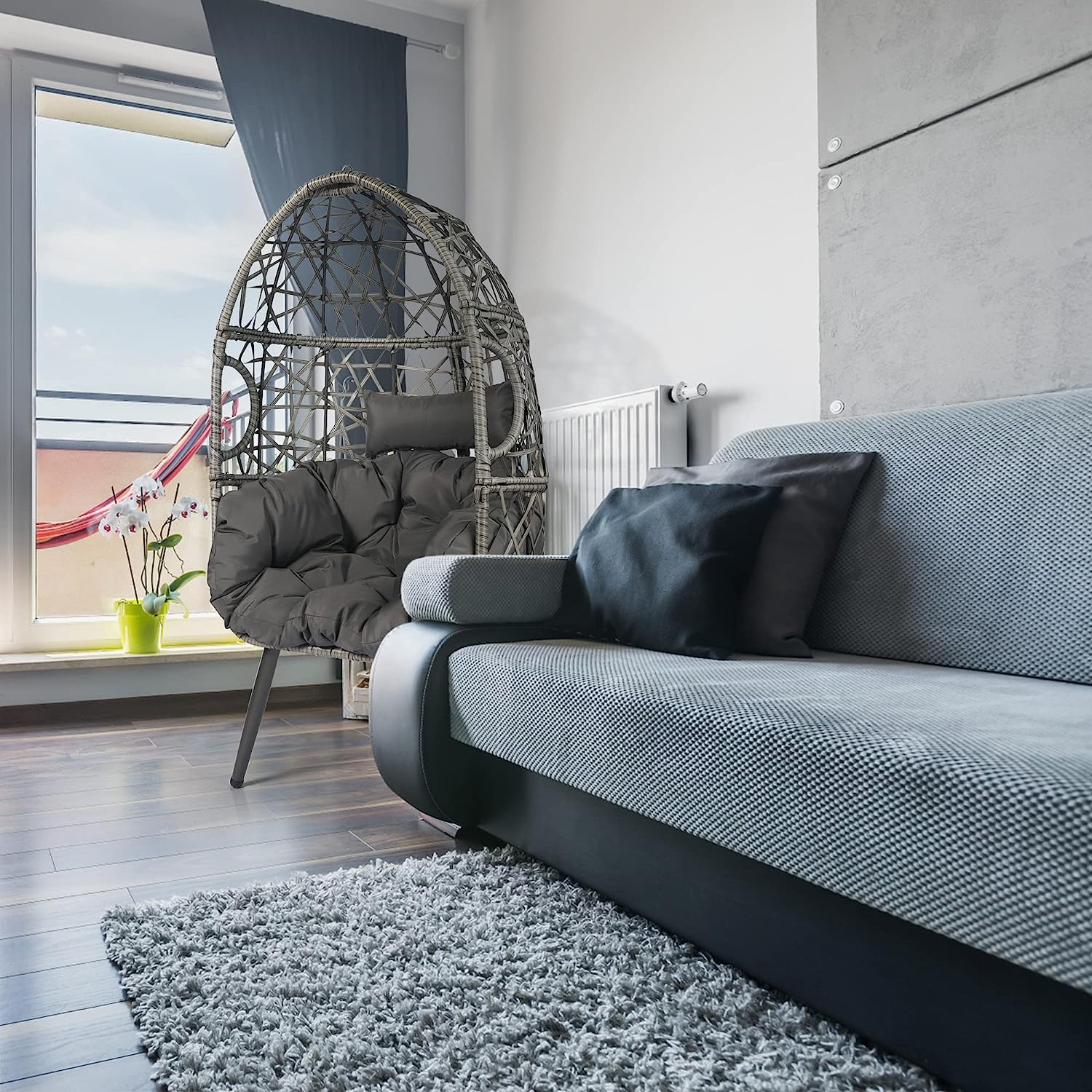 HOPUBUY Hammock Chair Egg Chair with Stand, Hanging Chair with Cushion and Pillow, Rattan Egg Swing Chair for Outdoor Indoor Bedroom, Porch, Balcony, Tree (C-Stand not Included)