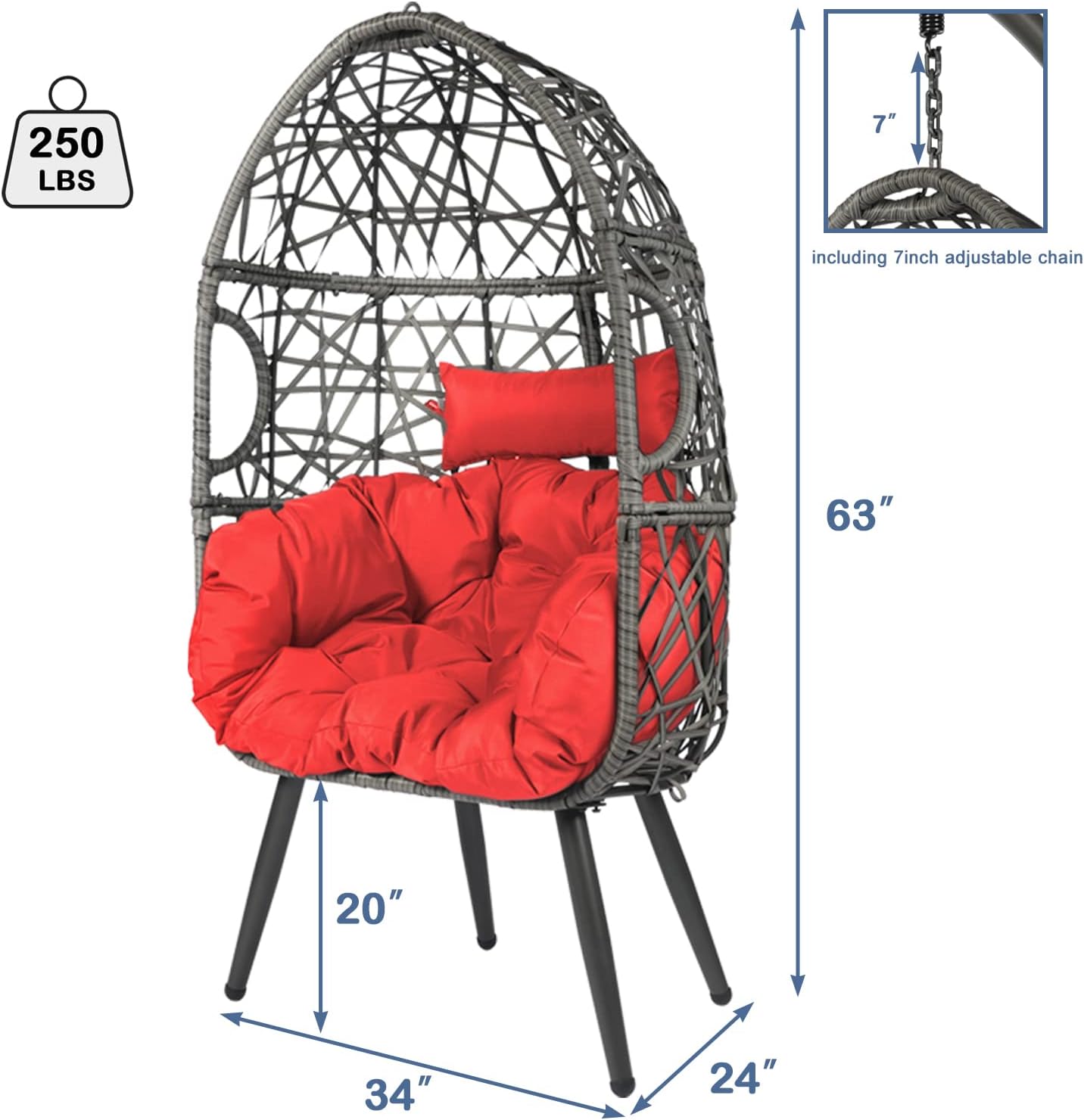 LAZZO Swing Egg Chair, Rattan Hanging Chair, Indoor & Outdoor Hammock Chair with Seat Cushion & Pillow for Patio Porch Lounge Bedroom