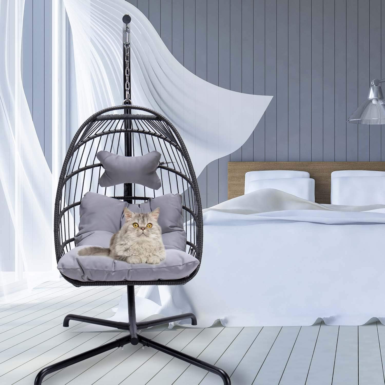 Swing Egg Chair Without Stand Indoor Outdoor Wicker Rattan Patio Basket Hanging Chair with UV Resistant Cushions 265lbs Capaticy for Bedroom Balcony Patio (Without Stand)