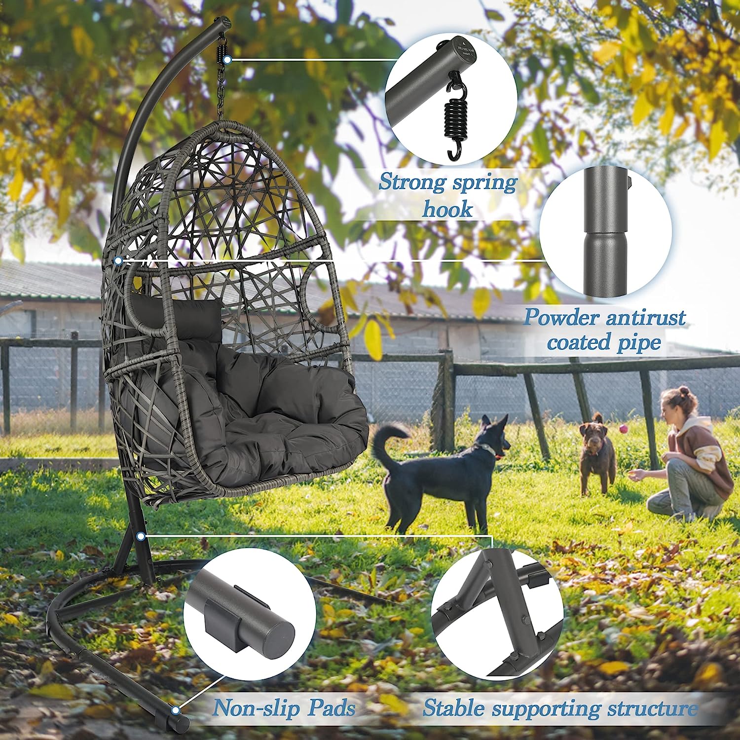 HOPUBUY Hammock Chair Egg Chair with Stand, Hanging Chair with Cushion and Pillow, Rattan Egg Swing Chair for Outdoor Indoor Bedroom, Porch, Balcony, Tree (C-Stand not Included)