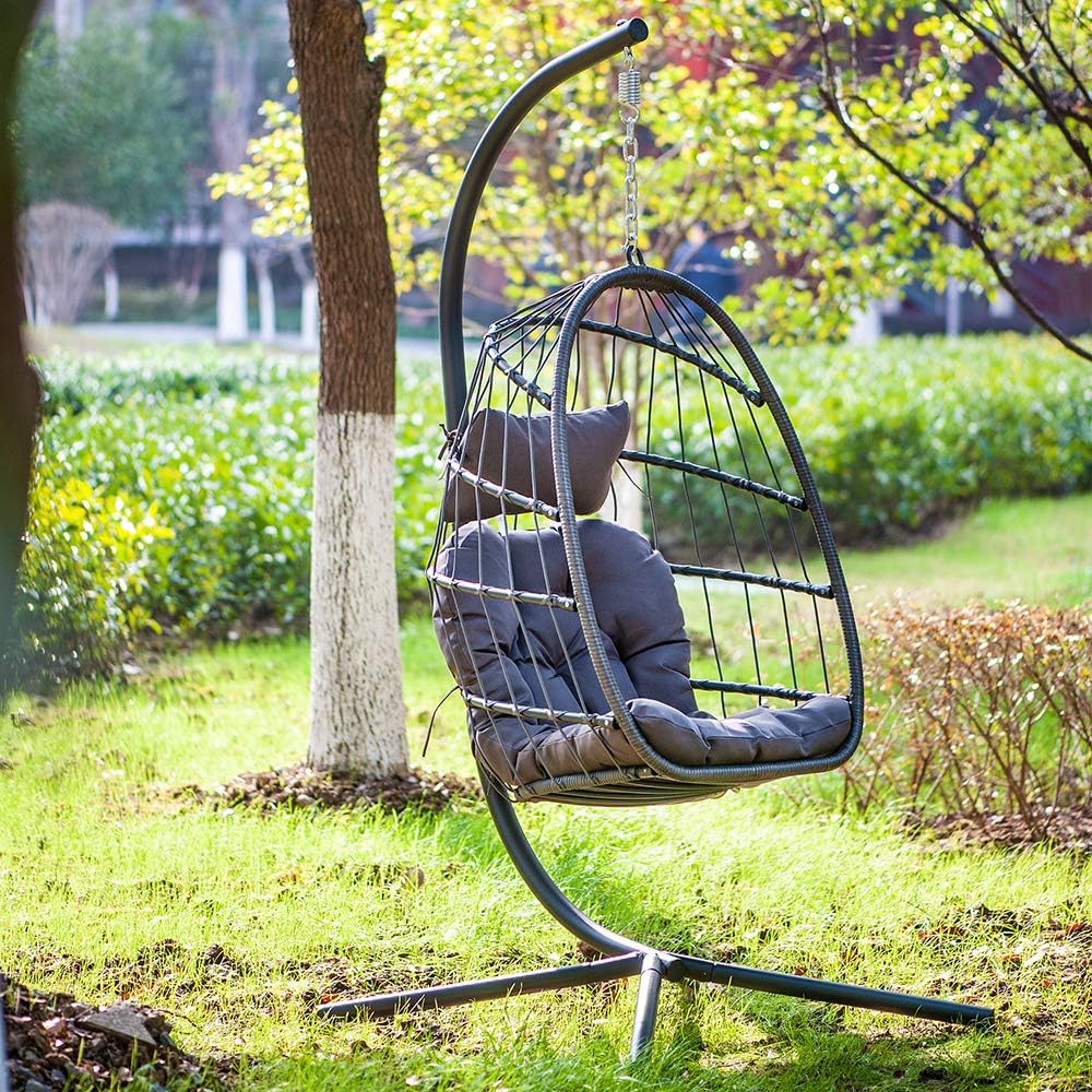 Patio Hanging Egg Chair with Stand Swing Chair,Basket Swinging Chair,Porch Chaise Lounge Chair,Rattan Wicker Hammock Chair with Deep Cushion for Indoor Outdoor Home Bedroom Backyard Balcony (Gray)
