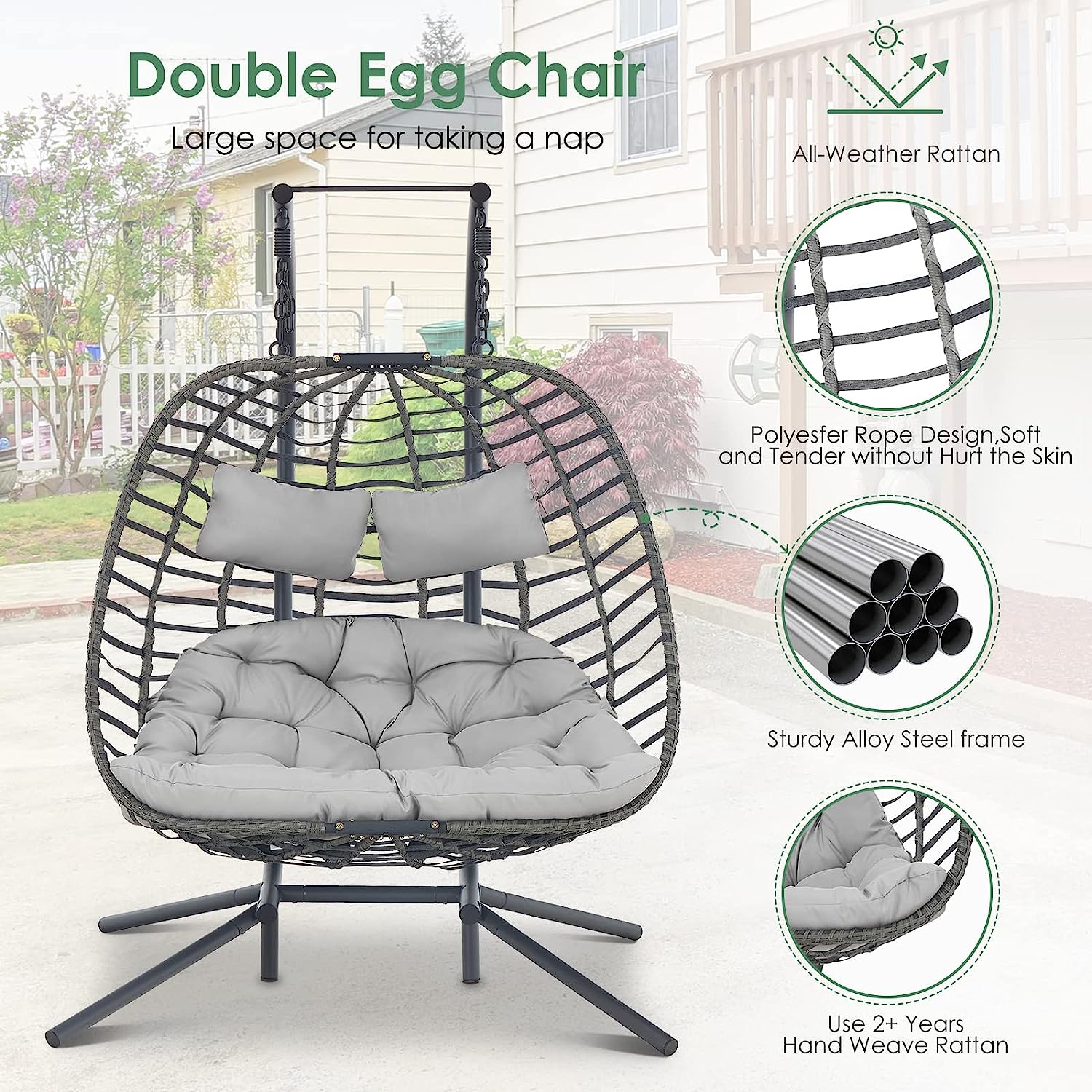 2 Person Hanging Egg Chair with Stand for Outdoor, Patio Hand Made Rattan Wicker Double Egg Swing Chairs Hammock Chair with UV Resistant Cushion and Metal Frame, Porch Swing Loveseat for Backyard