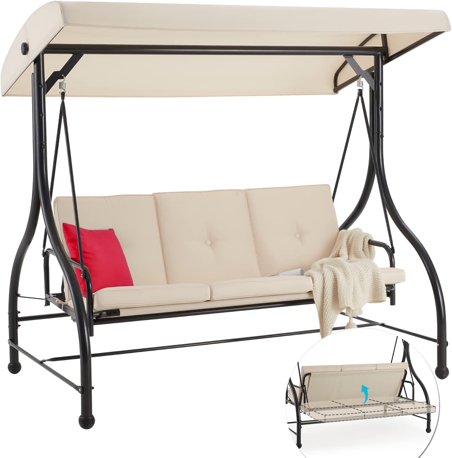 AECOJOY 3-Seat Outdoor Porch Swing with Adjustable Backrest and Canopy, Patio Swing w/Removable Cushions Outdoor Swing Bed for Porch, Backyard, Poolside, Beige