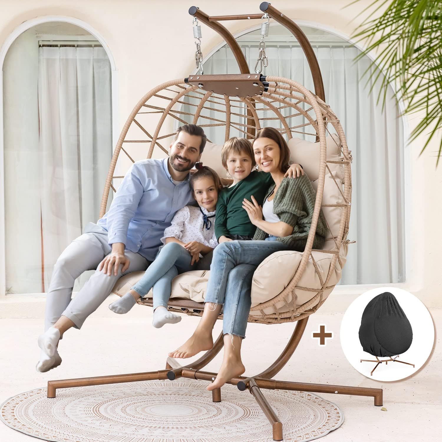 Swing Egg Chair with Stand Indoor Outdoor Wicker Rattan Patio Basket Hanging Chair with UV Resistant Cushions 350lbs Capaticy for Bedroom Balcony Patio (Cream)