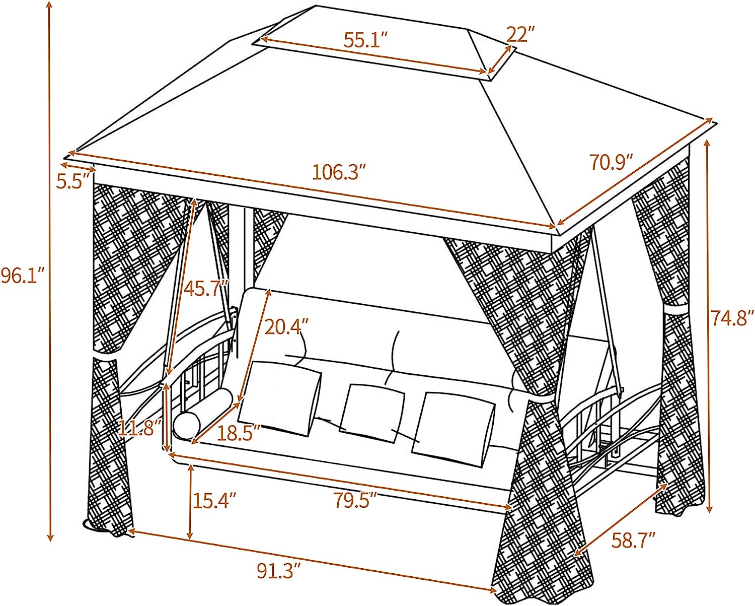 Campfun Outdoor Gazebo Swing, 3-Seat Patio Swing Chair, Outdoor Swing Bed, Outdoor Swing with Canopy, Netting Curtains, Side Trays, Canopy Swing for Garden, Poolside Backyard - 8.9x5.9 Ft, Beige