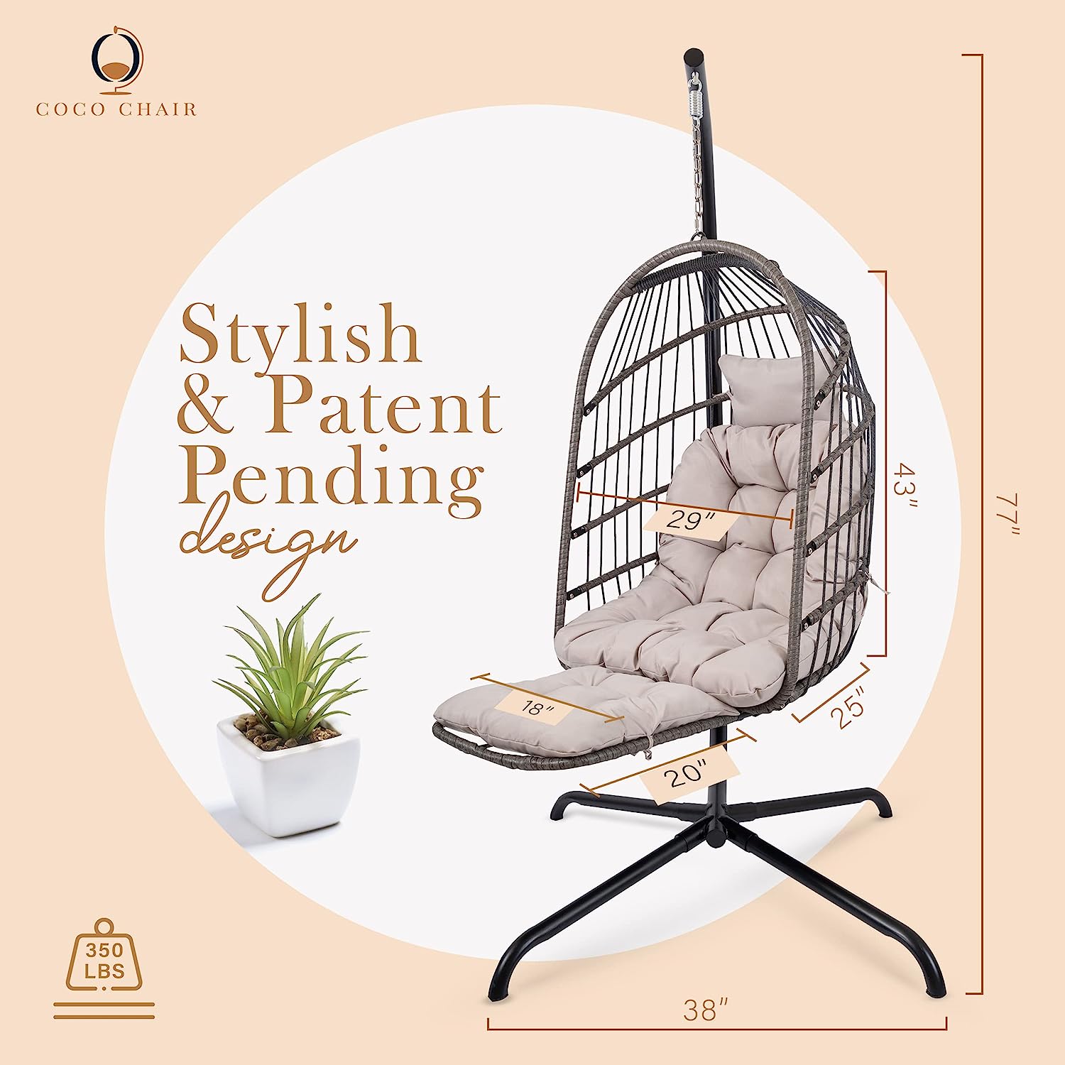 Coco Chair Hanging Egg Chair with Stand & Leg Rest | Gray Egg Chair Outdoor with Included Pillow | Swinging Chair for Outdoor and Indoor| Foldable Egg Chair | Perfect Swing Chair for Summer