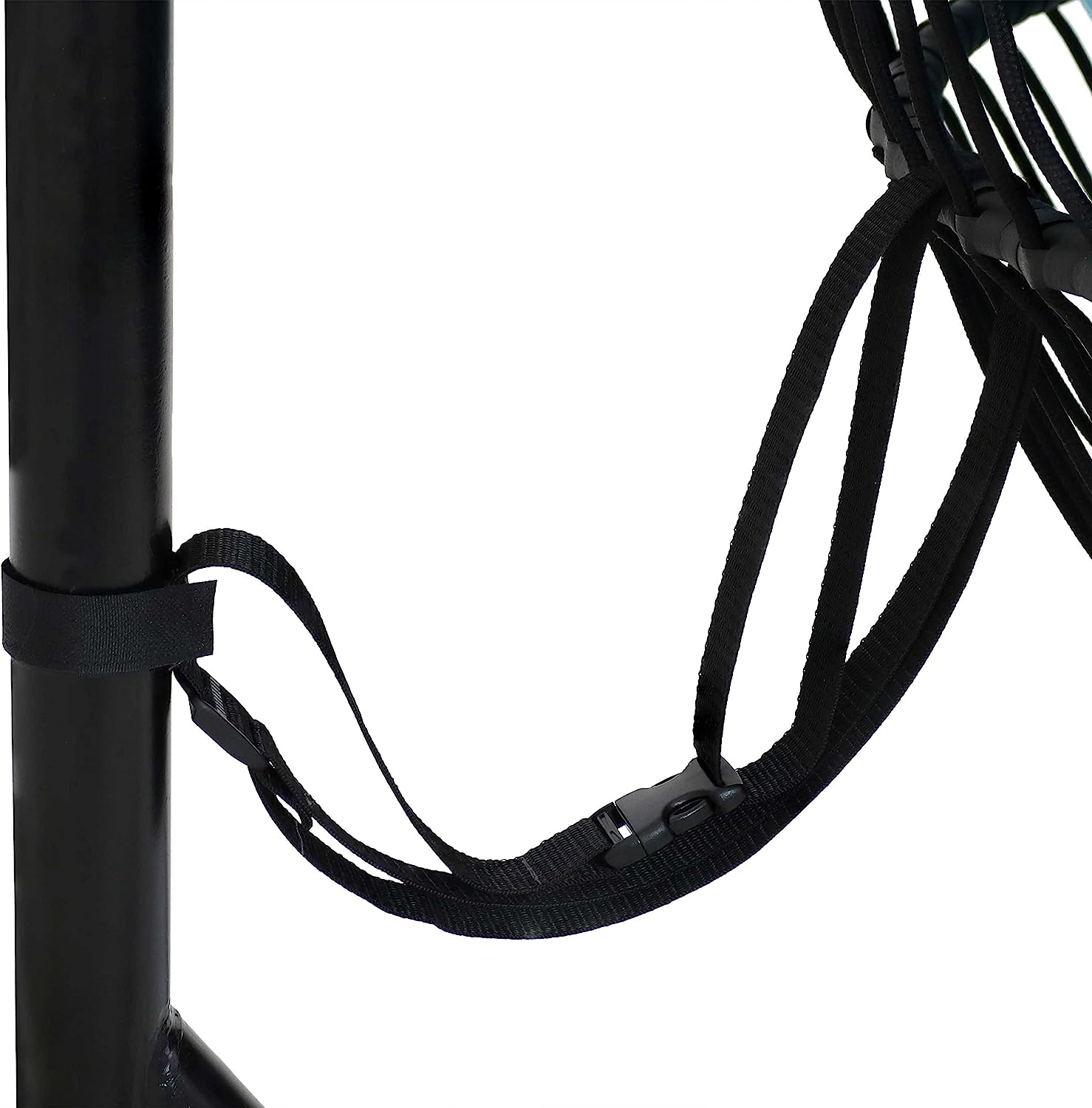 Sunnydaze Julia Hanging Egg Chair with Stand and Red Cushions - Comfy Collapsible Outdoor Egg Chair Swing with Stand - Black Polyethylene Wicker Rattan Frame with Steel Stand - 76 Inches Tall