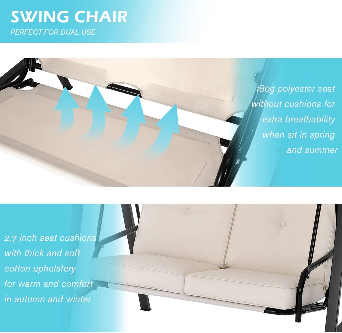 AECOJOY 3-Seat Outdoor Porch Swing with Adjustable Backrest and Canopy, Patio Swing w/Removable Cushions Outdoor Swing Bed for Porch, Backyard, Poolside, Beige