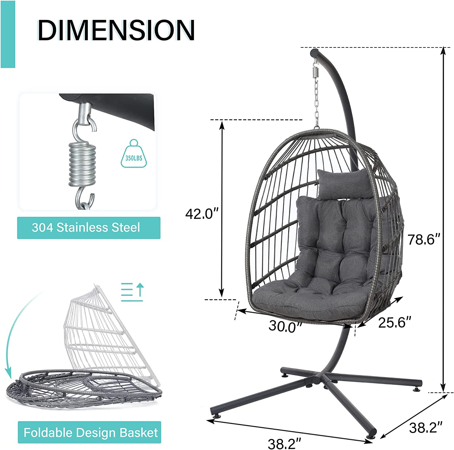 SWITTE Hanging Egg Chair with Stand, Egg Swing Hammock Chair with Stand, Indoor Outdoor Wicker Egg Chair with Cushion Headrest for Patio Bedroom Porch Garden, 350LBS Capacity(Dark Grey)