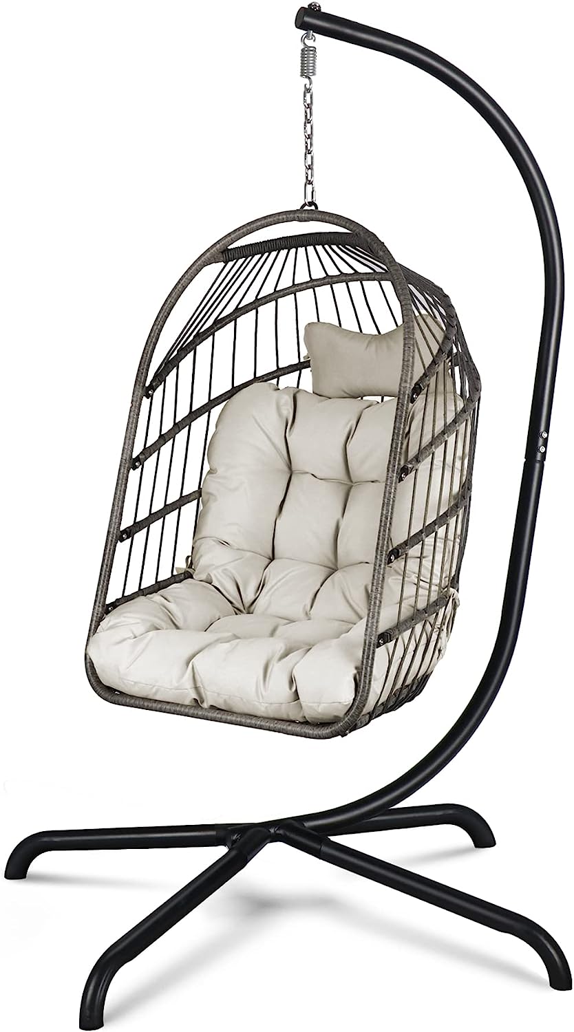 Chihee Egg Chair Foldable Wicker Rattan Hanging Chair Swing Chair Indoor Outdoor Patio Wicker Chair Hammock Chair with Stainless Steel Hanging Kit Chain Link UV Resistant Cushion Bedroom Balcony