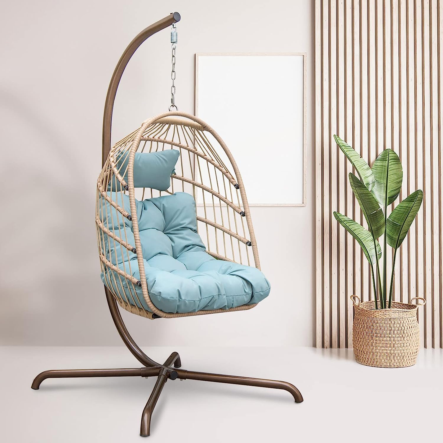 RADIATA Double Egg Chair with Stand Luxury Outdoor Patio Wicker Loveseat Hanging Swing Egg Chairs with Resistant Cushions Metal Frame 500 lbs Capaticy for 2 Persons Patio Backyard Balcony